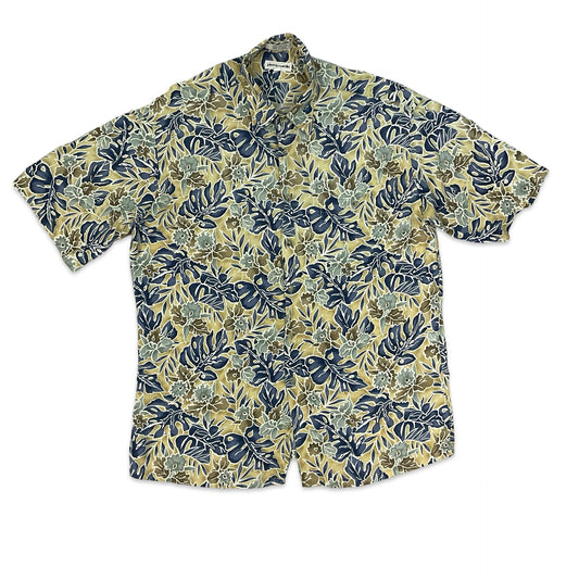 Vintage 1990s/00s Pierre Cardin Yellow & Navy Botanical Print Shirt M L