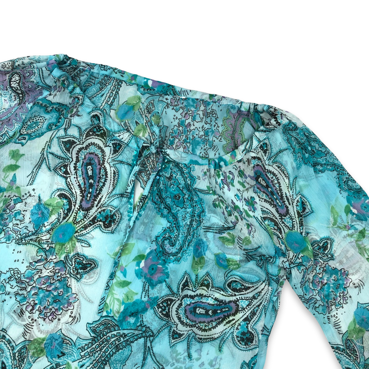 Vintage Y2K Turquoise Paisley Print Long Sleeve Mesh Top 10 12