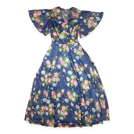 Vintage 60s 70s Purple Floral Print A-line Dress 8