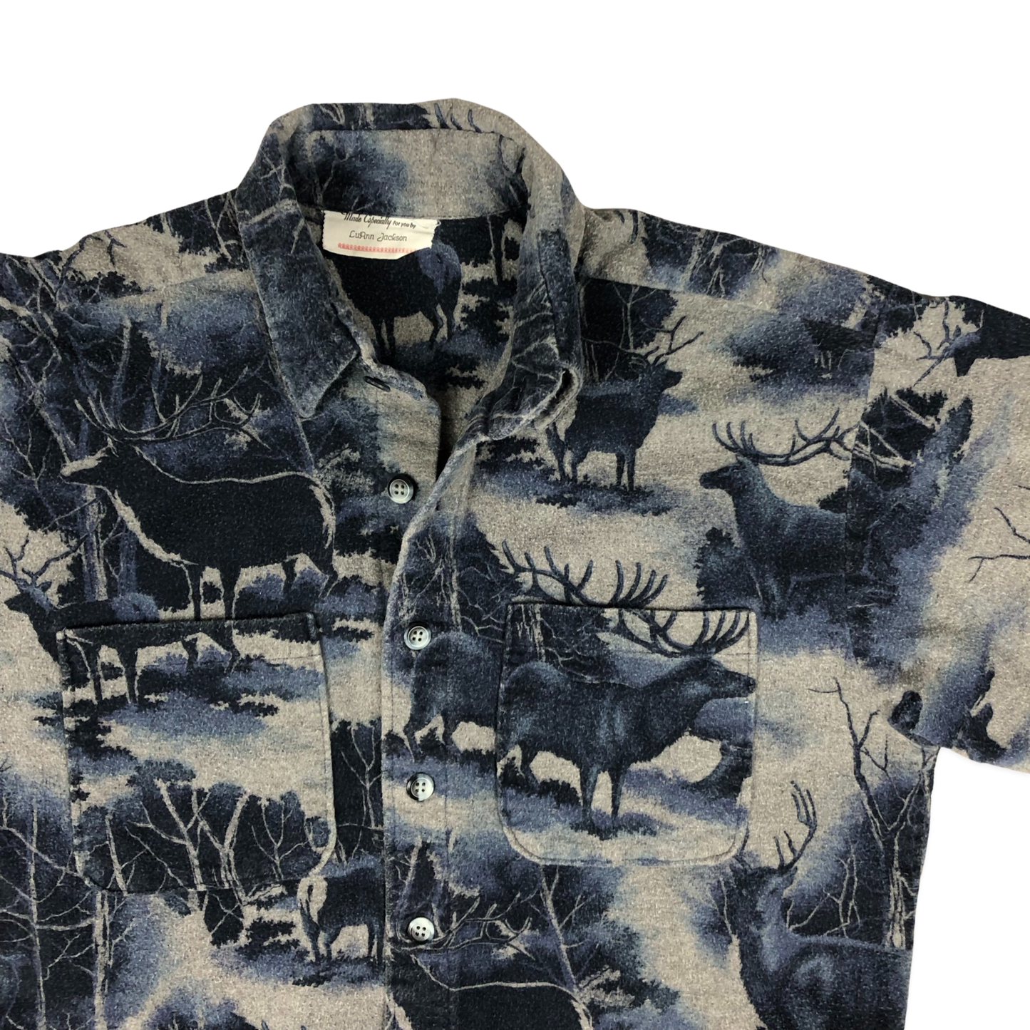 Vintage Blue Deer Print Flannel Shirt XL