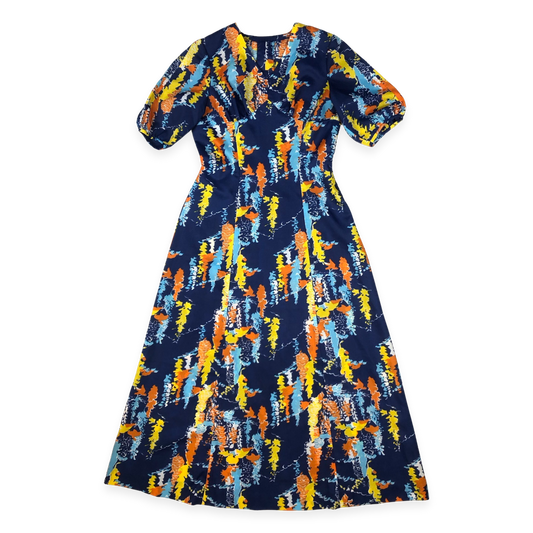 Vintage 70s Blue Abstract Print A-line Maxi Dress 12