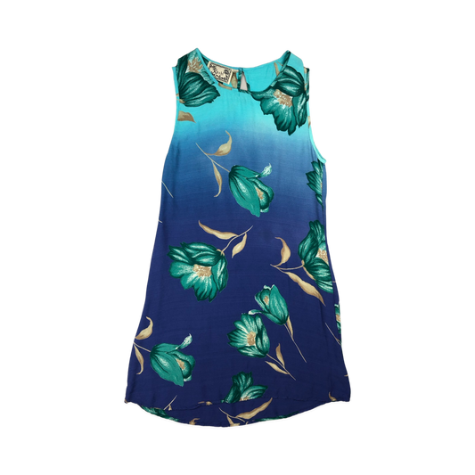 Vintage Blue Floral Print Sleeveless Beach Dress 10