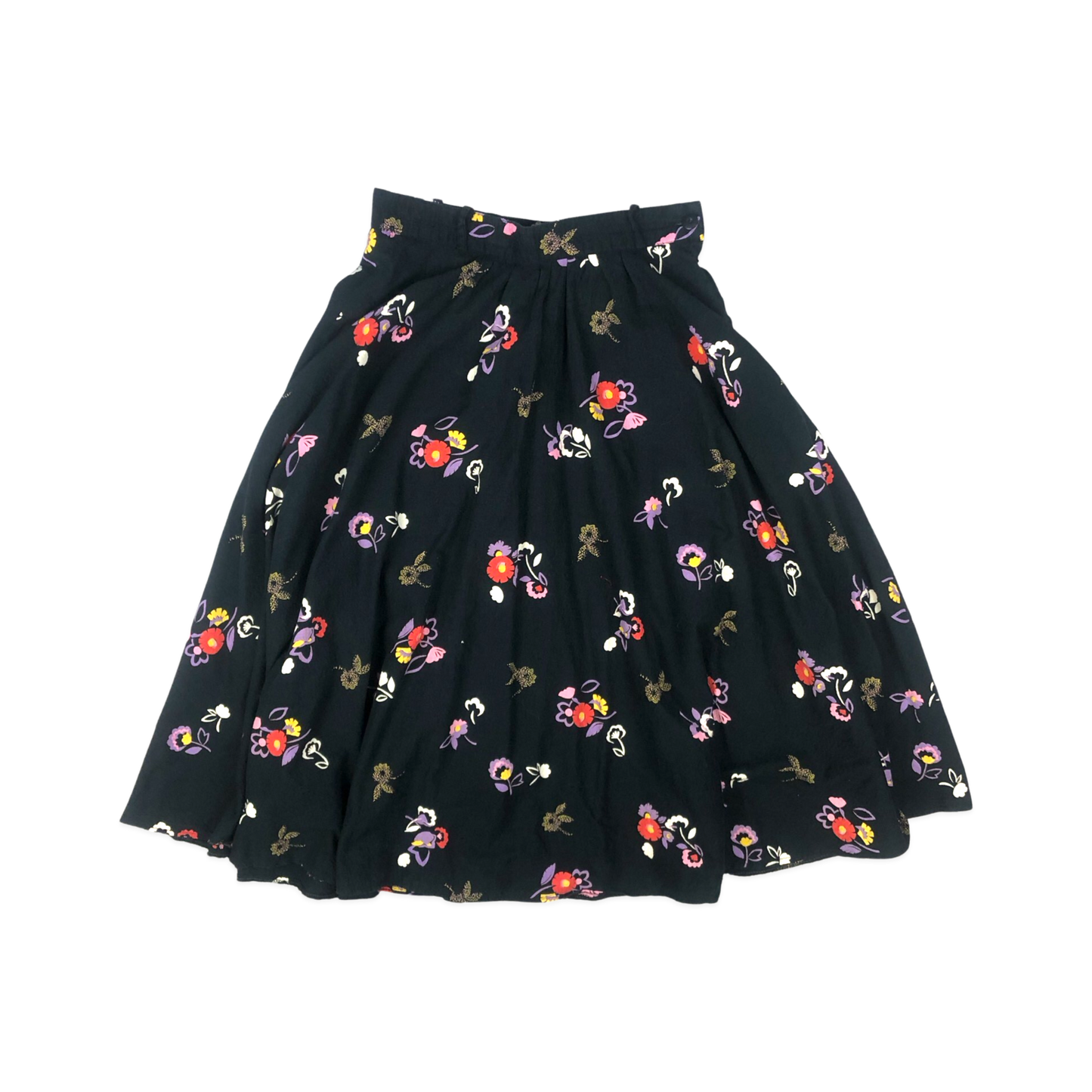 Vintage 70s 80s Black Floral Print Gathered Skirt 8