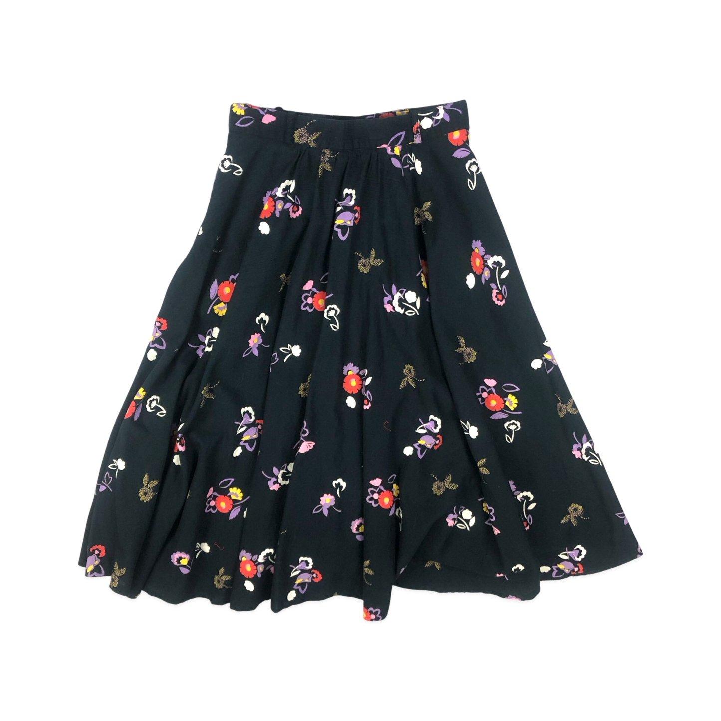 Vintage 70s 80s Black Floral Print Gathered Skirt 8