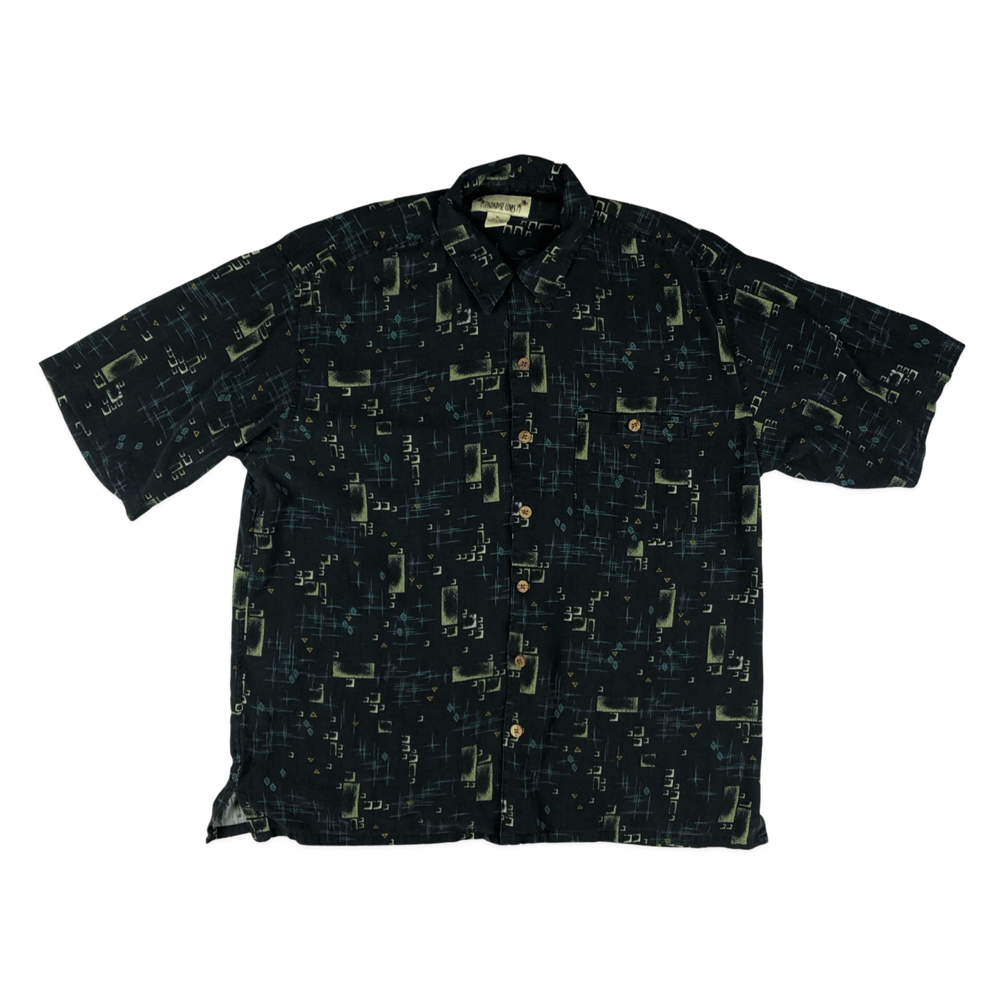 Vintage Black Abstract Print Silk Hawaiian Shirt XXL