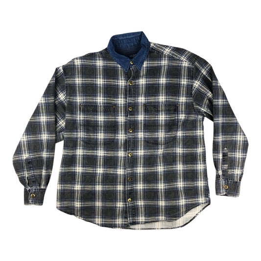 Vintage Blue, Grey, and White Plaid Flannel Shirt XL