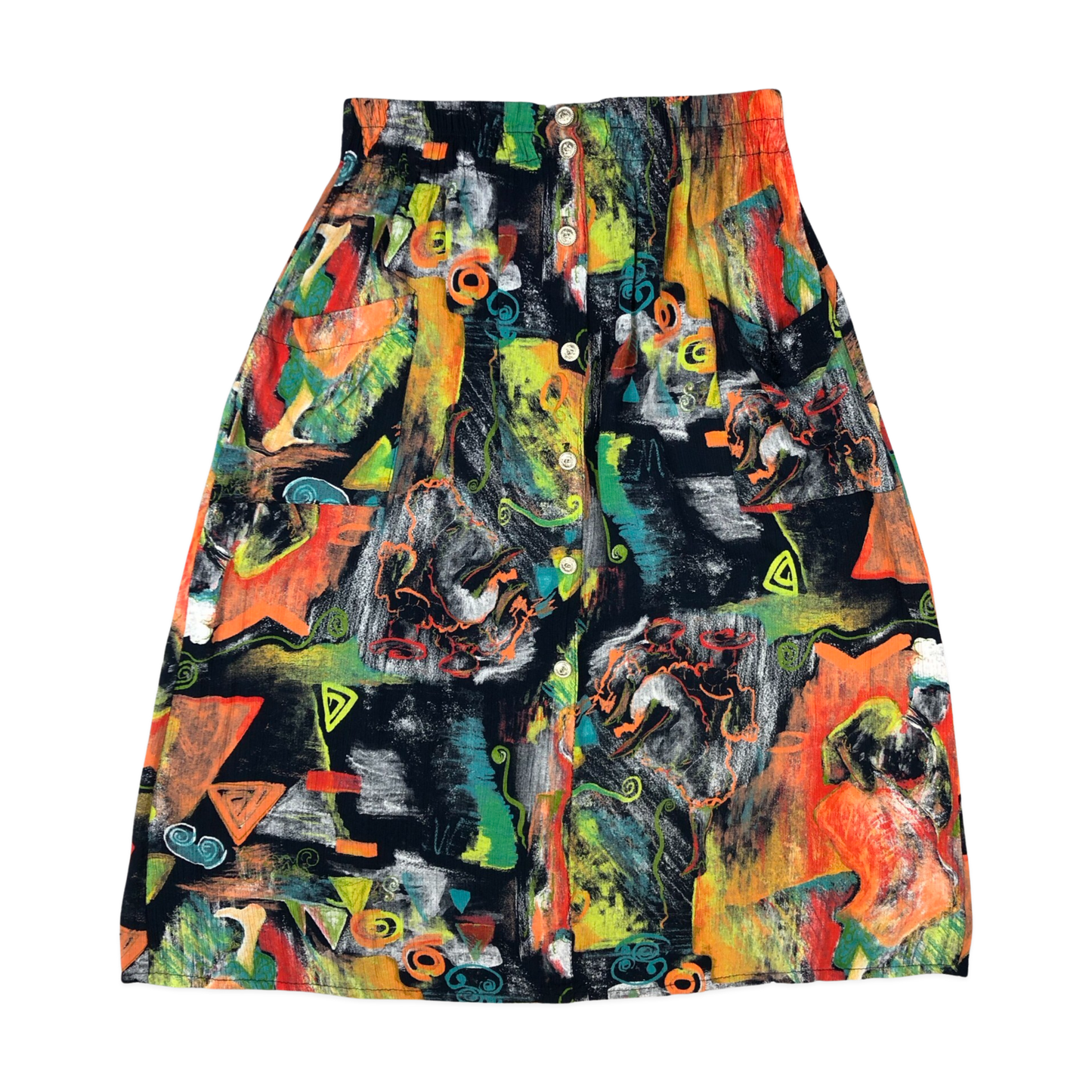 Vintage 80s Abstract Print Button-up Skirt 10-12