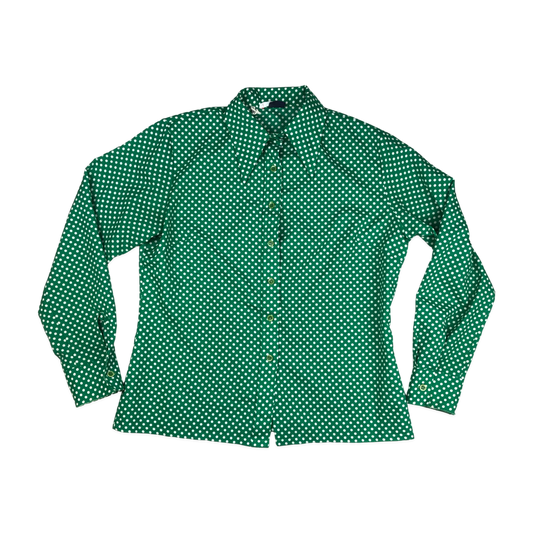 Vintage 70s Green Polka Dot Button-up Blouse 16