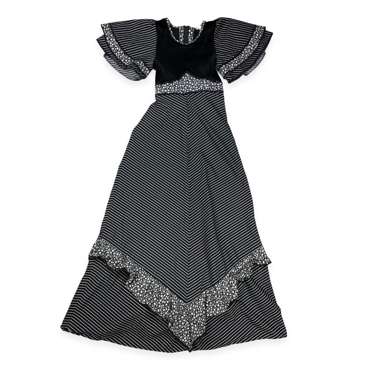 Vintage 70s Folk Prairie Cottagecore Black & White Maxi Dress 6