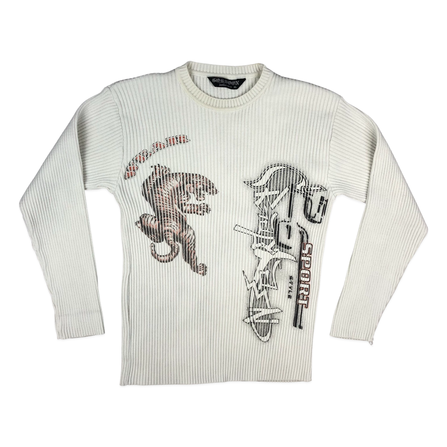 Vintage Y2K Ribbed Knit Jumper with Graphic Print M
