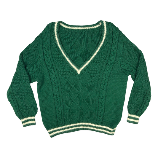 Vintage 80s Green V-neck Cable Knit Jumper XL