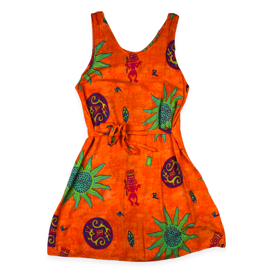Vintage 90s Y2K Orange Abstract Print Sleeveless Beach Sun Dress 10