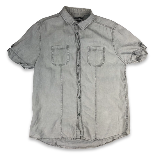 Vintage Plain Grey Fitted Linen Short Sleeved Shirt Size L