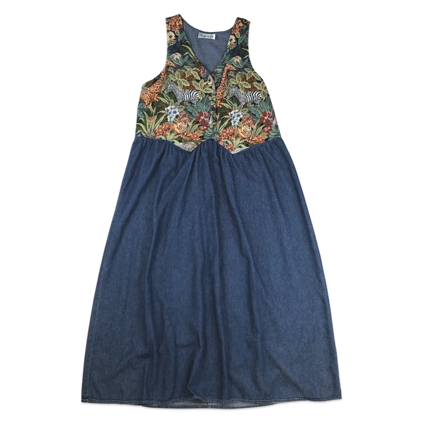 Vintage 80s Sleeveless Jungle Print Denim Dress 14