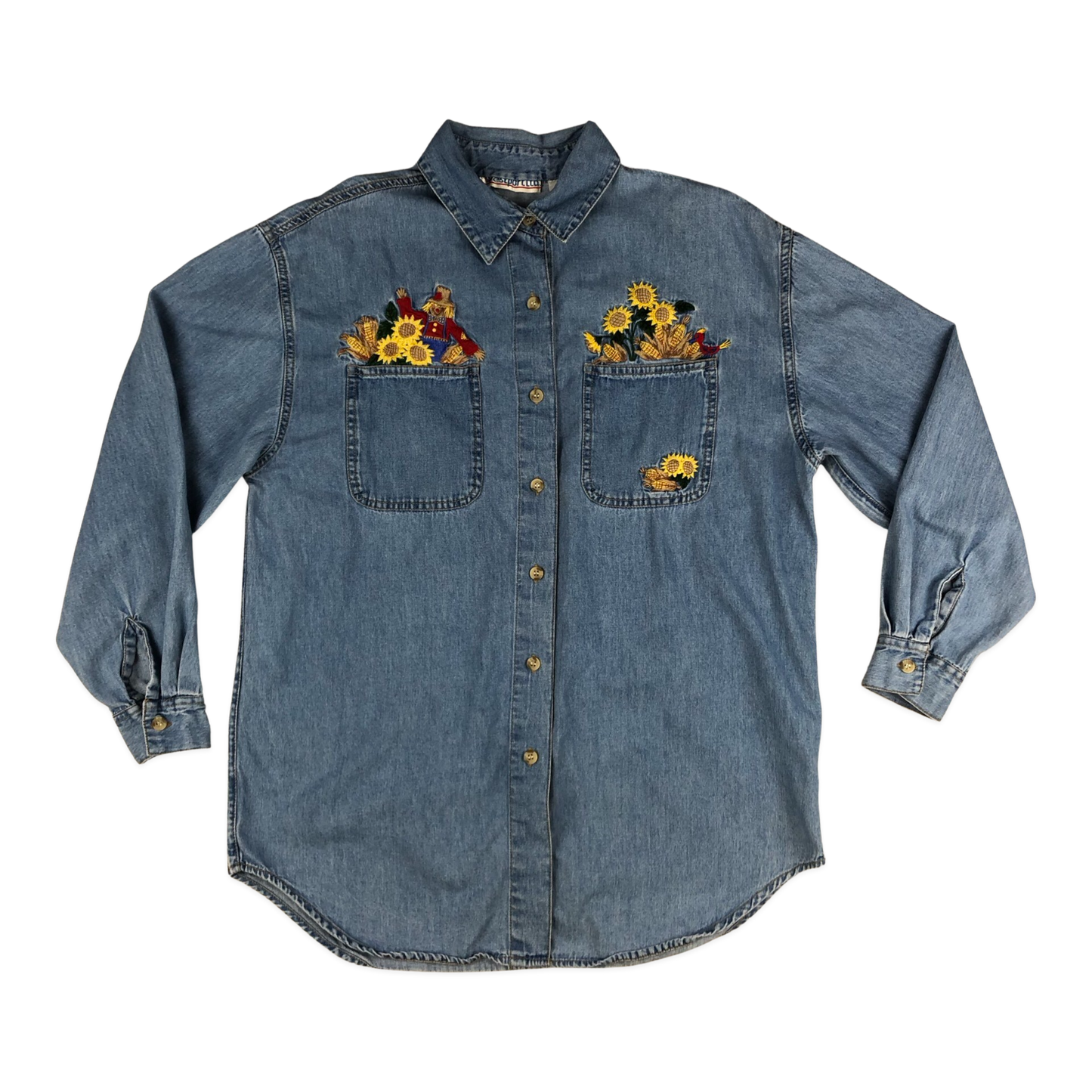 Vintage 80s Women's Embroidered Flower Denim Shirt 16