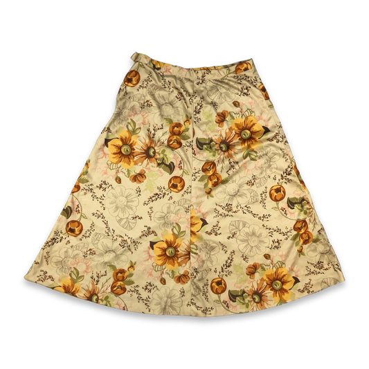 Vintage Viscose Cream Green and Orange Floral Print A Line Midi Skirt 8