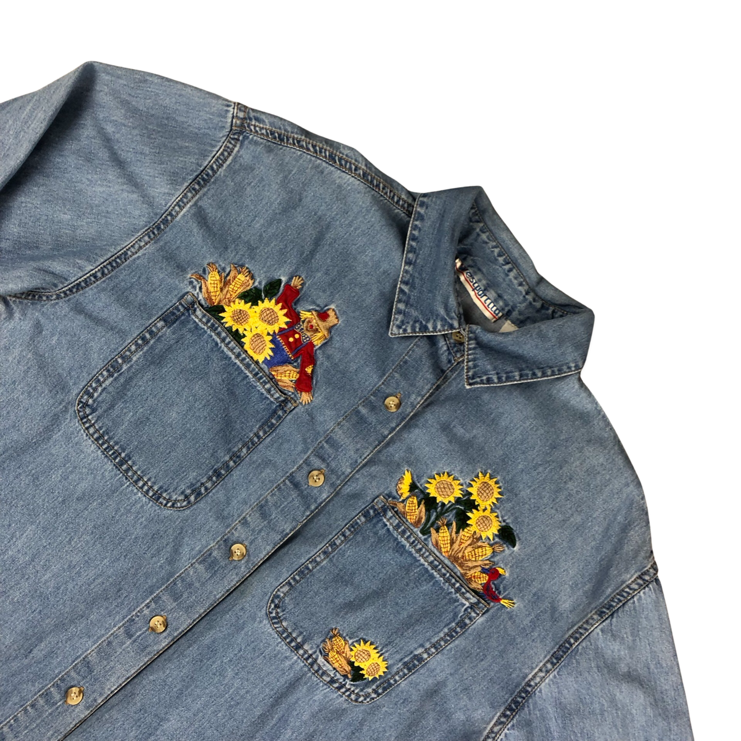 Vintage 80s Women's Embroidered Flower Denim Shirt 16
