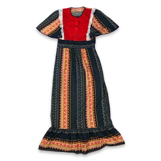 Vintage 70s Cotton Prairie Cottagecore Multicolour Maxi Dress 10 12