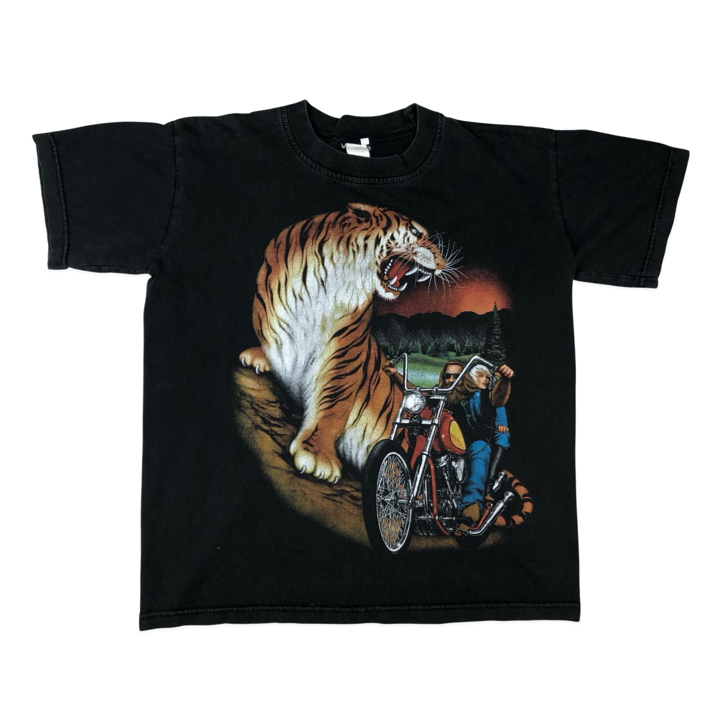 Vintage Black Tiger and Biker Graphic Tee M