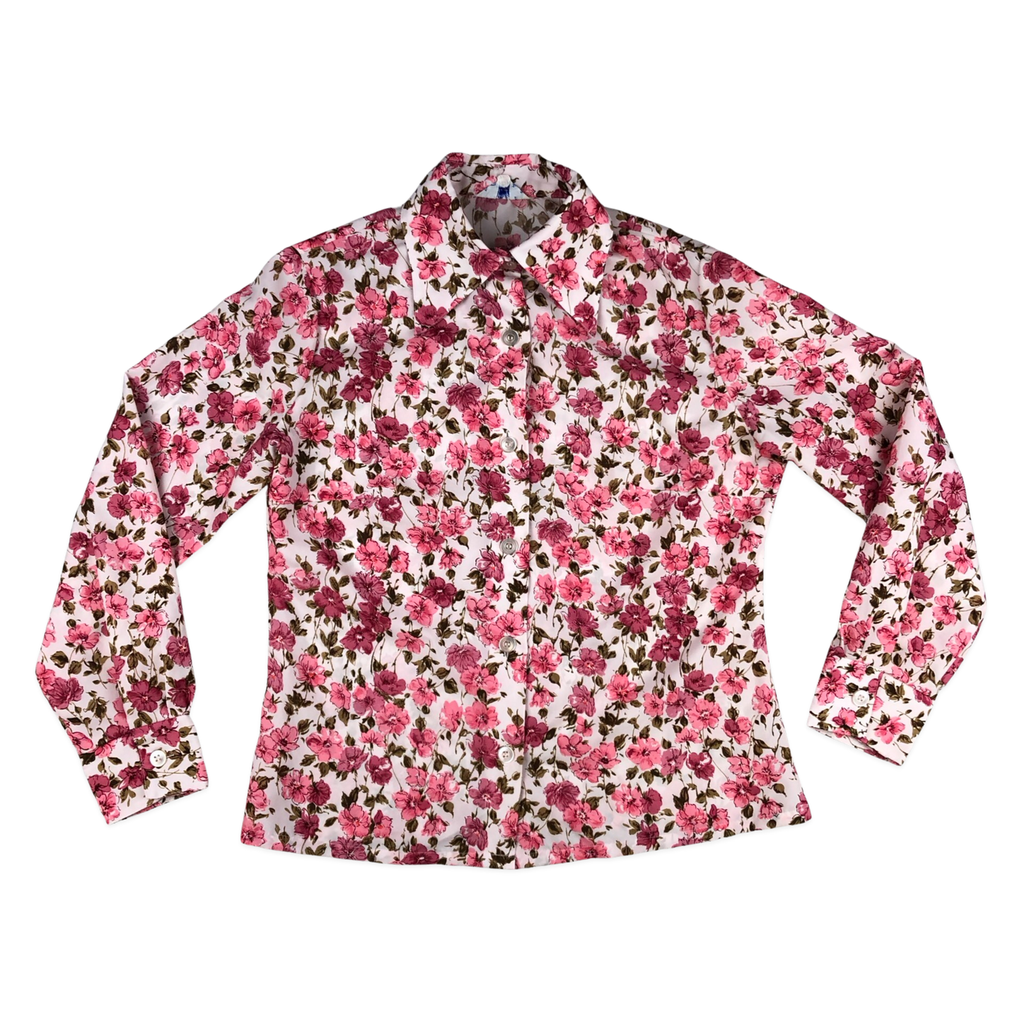 Vintage 70s Pink Floral Print Long Sleeve Blouse 16