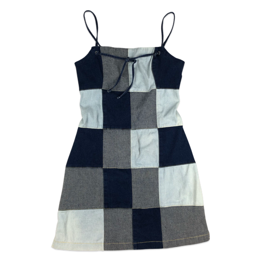 Vintage 90s Y2K Checkerboard Patchwork Denim Dress 8