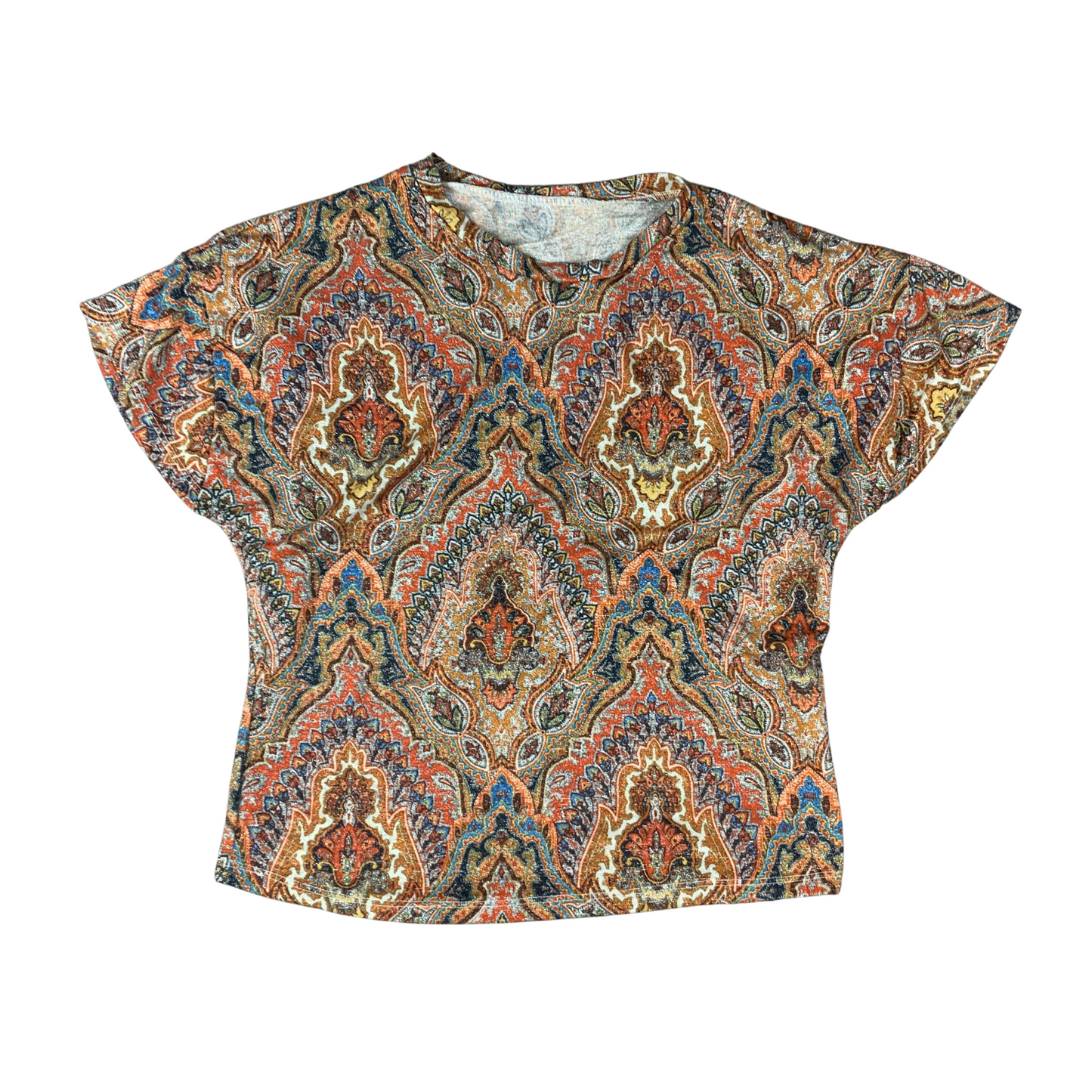 Vintage Orange Brown Green Paisley Pattern Lurex Crop Top 12 14