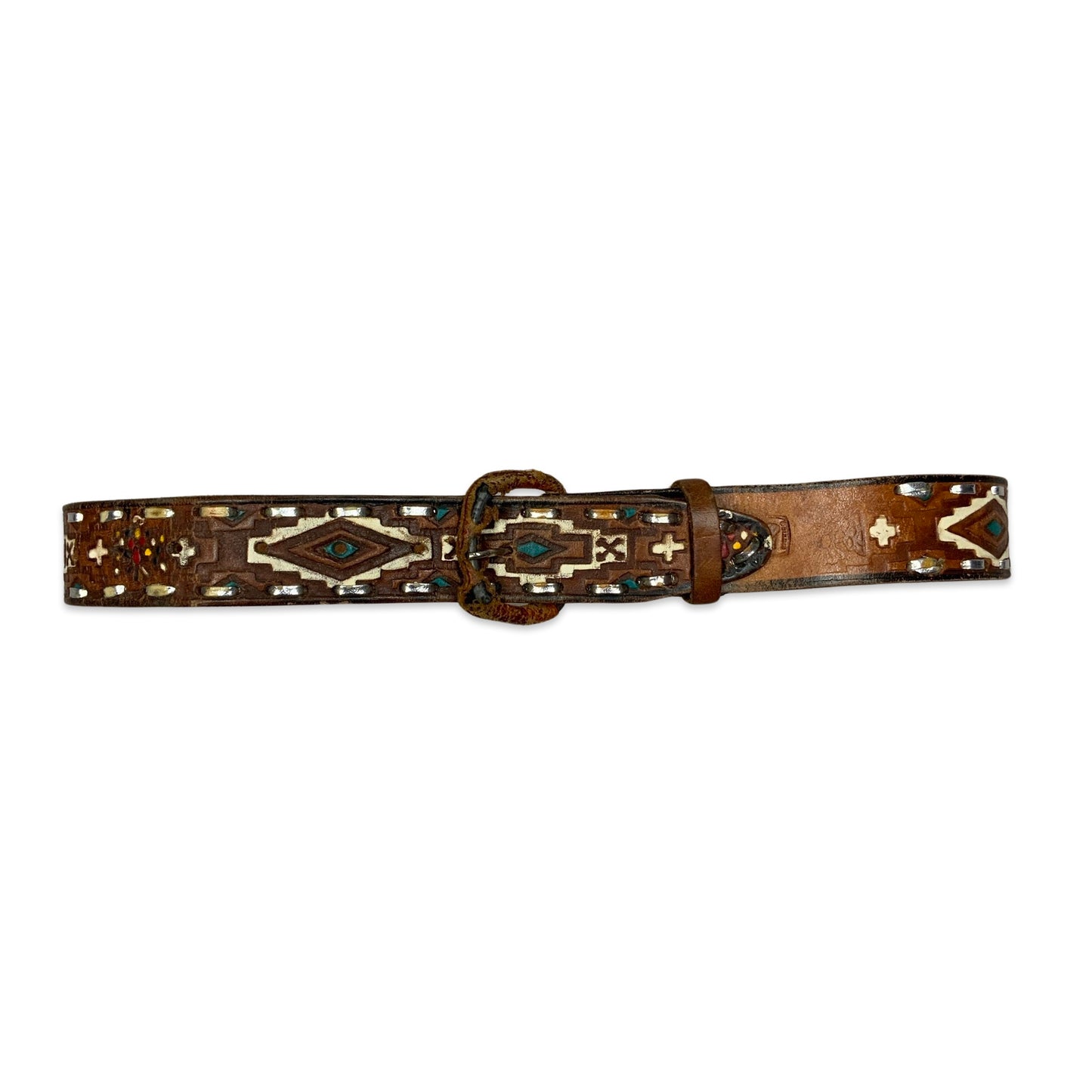 Vintage Aztec Pattern Brown Leather Belt