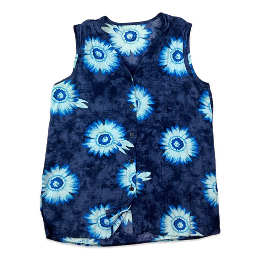 Blue & White Floral Print Sleeveless Blouse 14 16