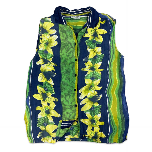 Blue Yellow & Green Abstract Print Sleeveless Blouse 14 16