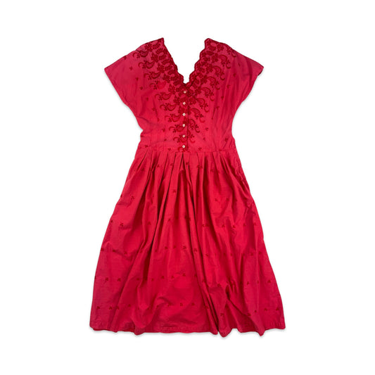 Vintage 80s 90s Red Pleated Midi Dress 12 14