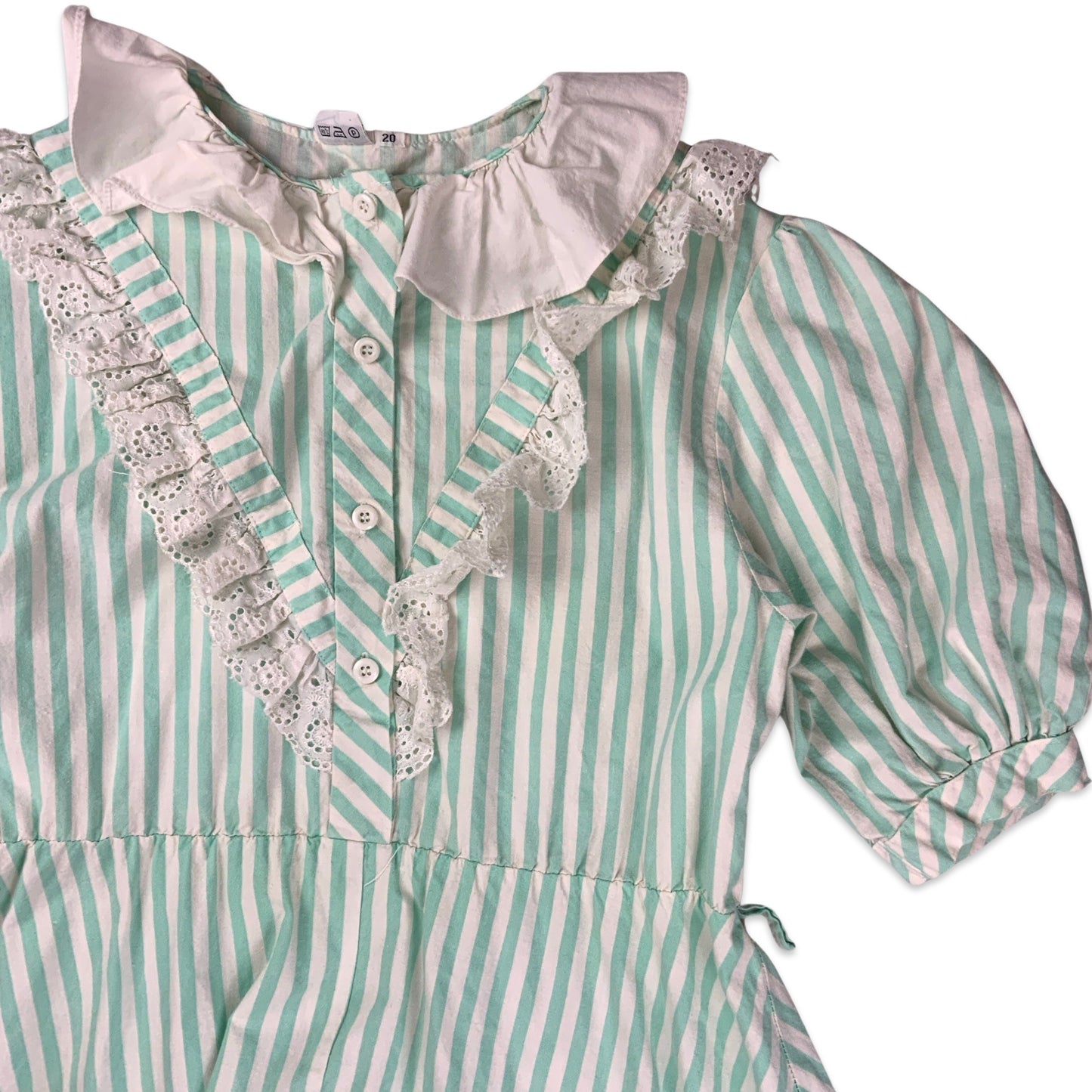 Vintage Green & White Striped Short Sleeve Button-up Midi Dress 14 16