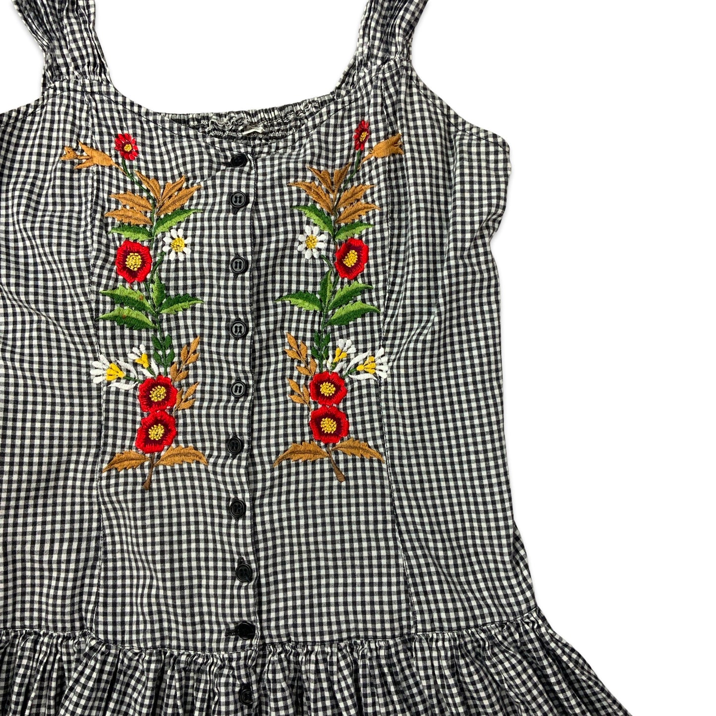 Vintage Black & White Gingham Floral Embroidered Button-up Pleated Sleeveless Midi Dress 8 10