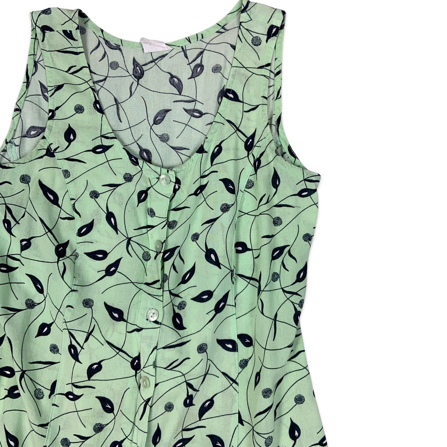 Y2K Green Button-up Botanical Print Sleeveless Dress 10 12