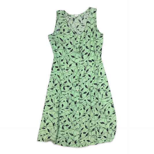 Y2K Green Button-up Botanical Print Sleeveless Dress 10 12