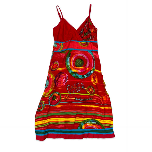 Y2K Desigual Spaghetti Strap Abstract Print Red Dress 4 6