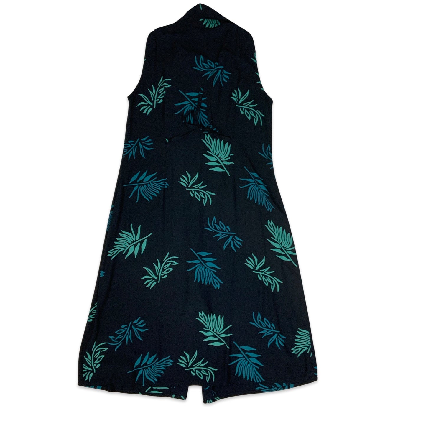 Y2K Black & Teal Botanical Print Sleeveless Button-up Maxi Dress 14 16
