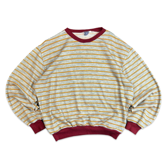 Vintage 1970's Grey Red & Yellow Striped Crew Neck Sweatshirt M