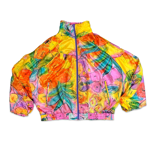 Vintage 90s Adidas Bright Pink Yellow Orange Crazy Pattern Shell Bomber Jacket 10