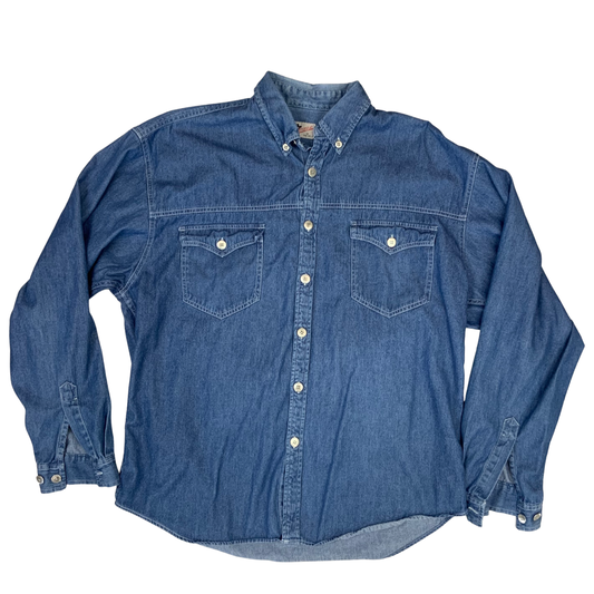 Vintage 90s Lucky Brand True Indigo Women's Small Pearl Snap-up Distressed Denim  Shirt Size L 