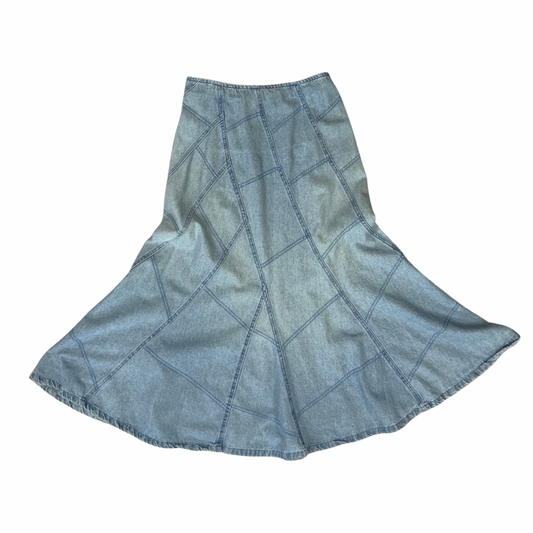 Vintage 80s Patchwork Denim Flared Skirt Light Wash 10