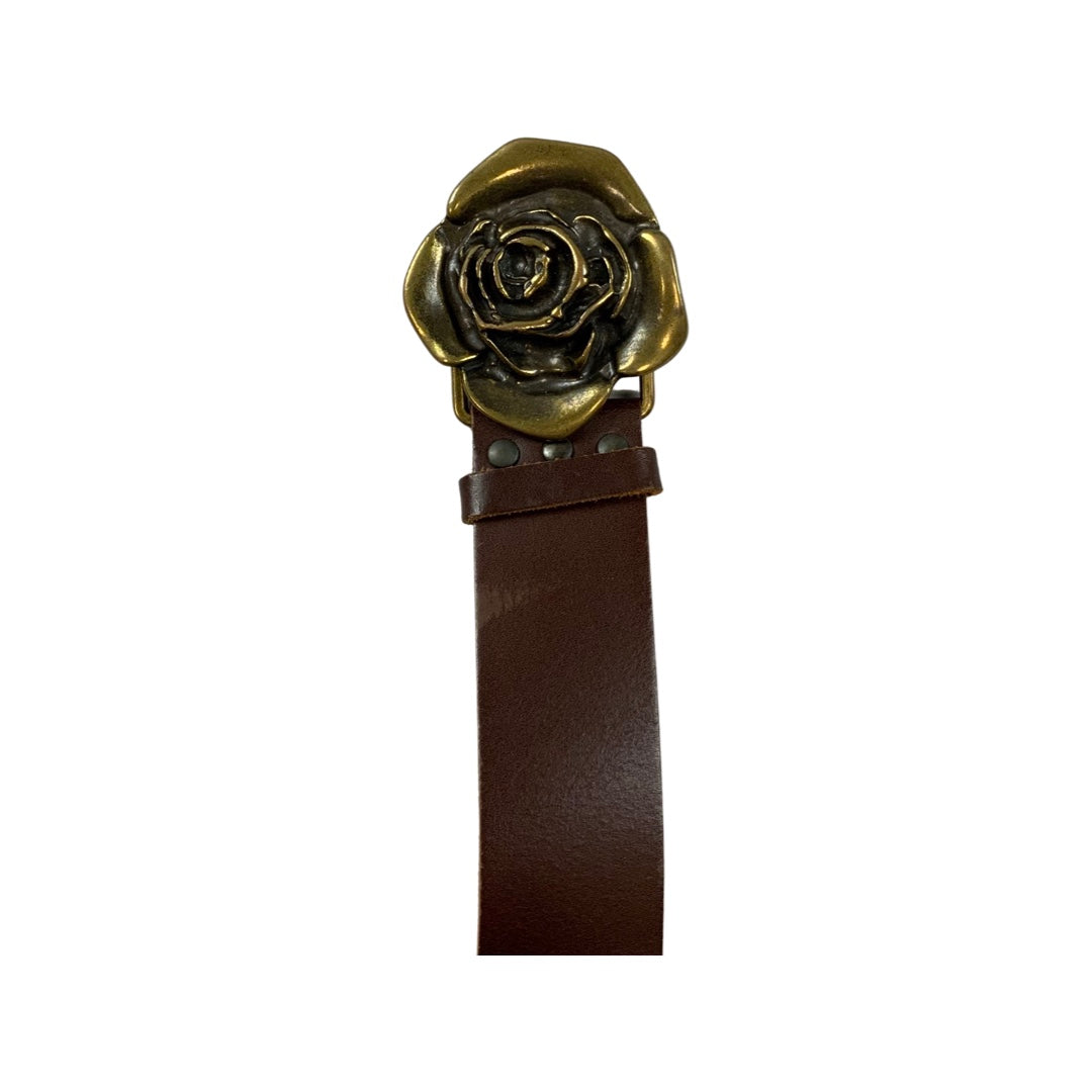 Vintage Brown Leather Gold Tone Rose Buckle Belt
