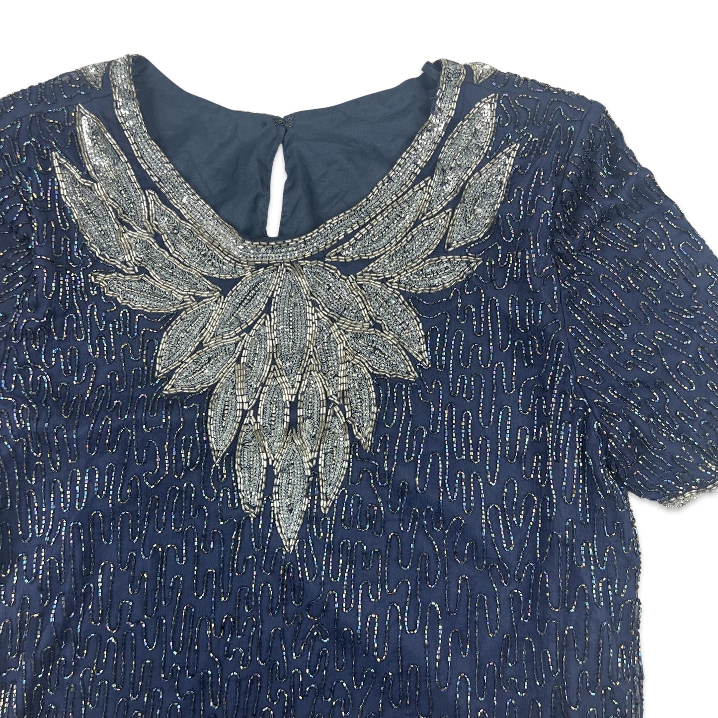 Vintage 80s Oversized Boxy Sequin Blouse Blue Silver 12 14