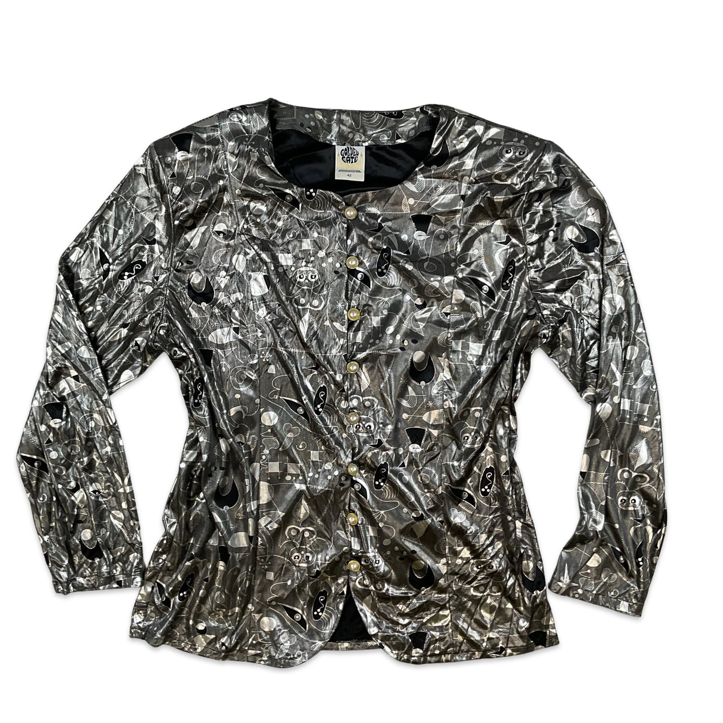 Vintage 80s Golden Gate Black Silver Lamé Metallic Gold Button-up Disco Festival Blouse Top 12 14 16