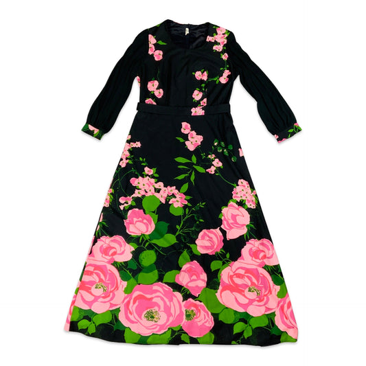 Vintage 70s Black Pink & Green Floral Maxi Dress 12 14