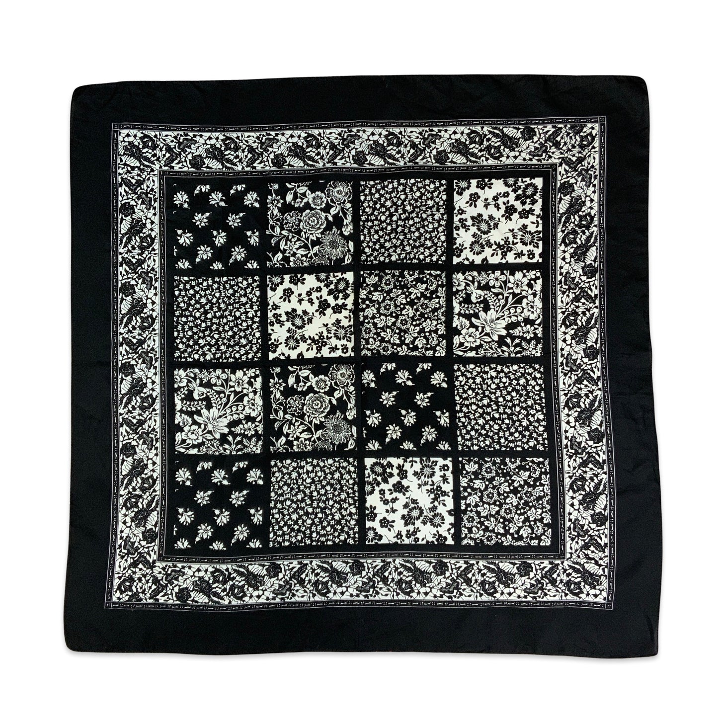 Vintage 00s Black White Vintage Floral Square Scarf