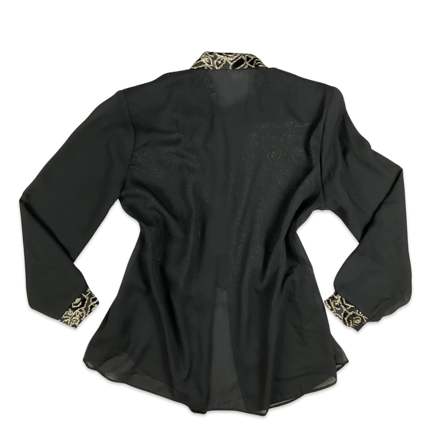 Vintage 90s Black Gold Semi-Sheer Swirl Detail Statement Blouse Shirt 12 14