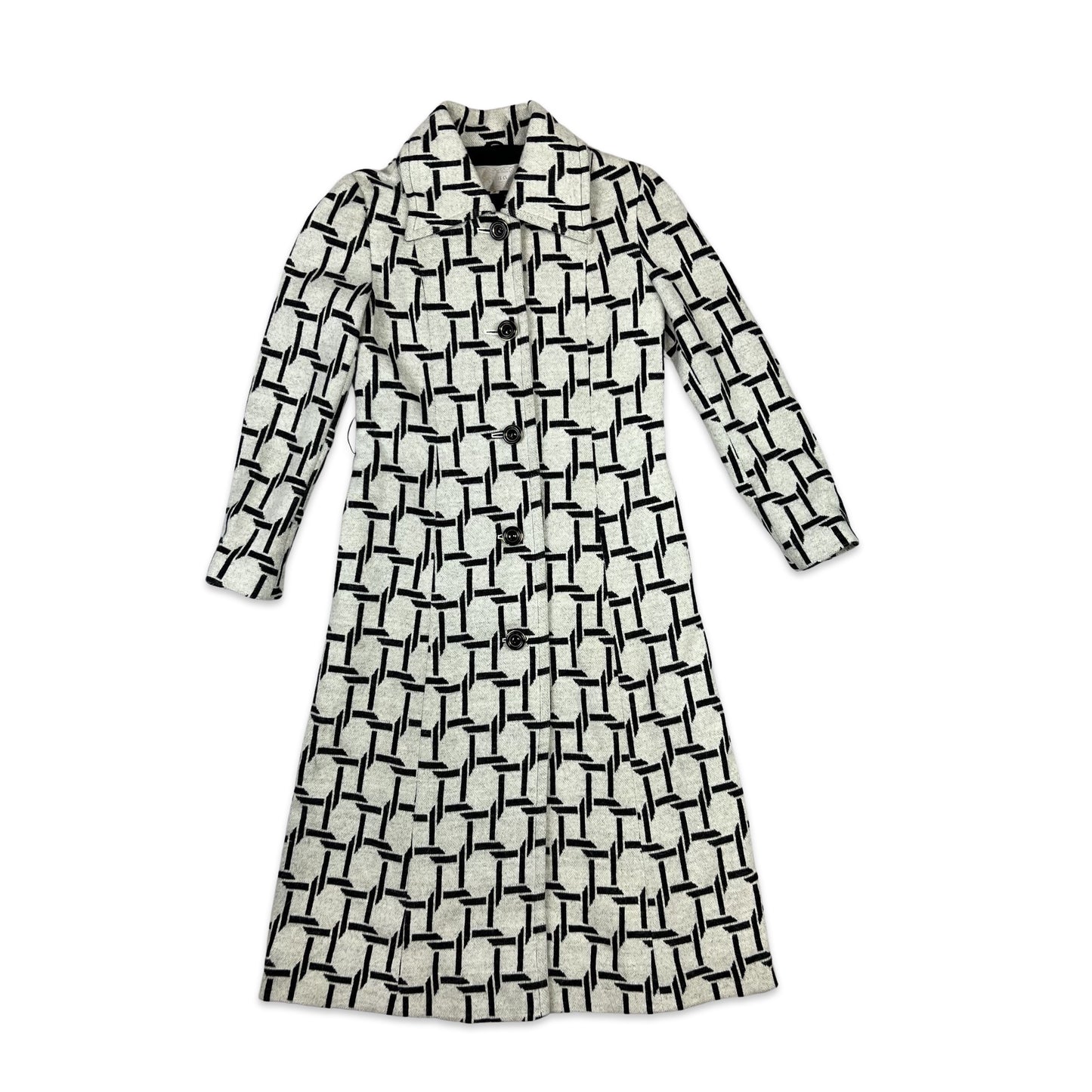 Vintage 90s Wool Midi Coat Geometric Print Light Grey Black 6 8