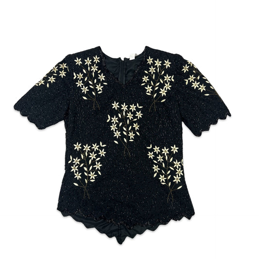 Vintage 80s Sequin Blouse Black Yellow 12 14