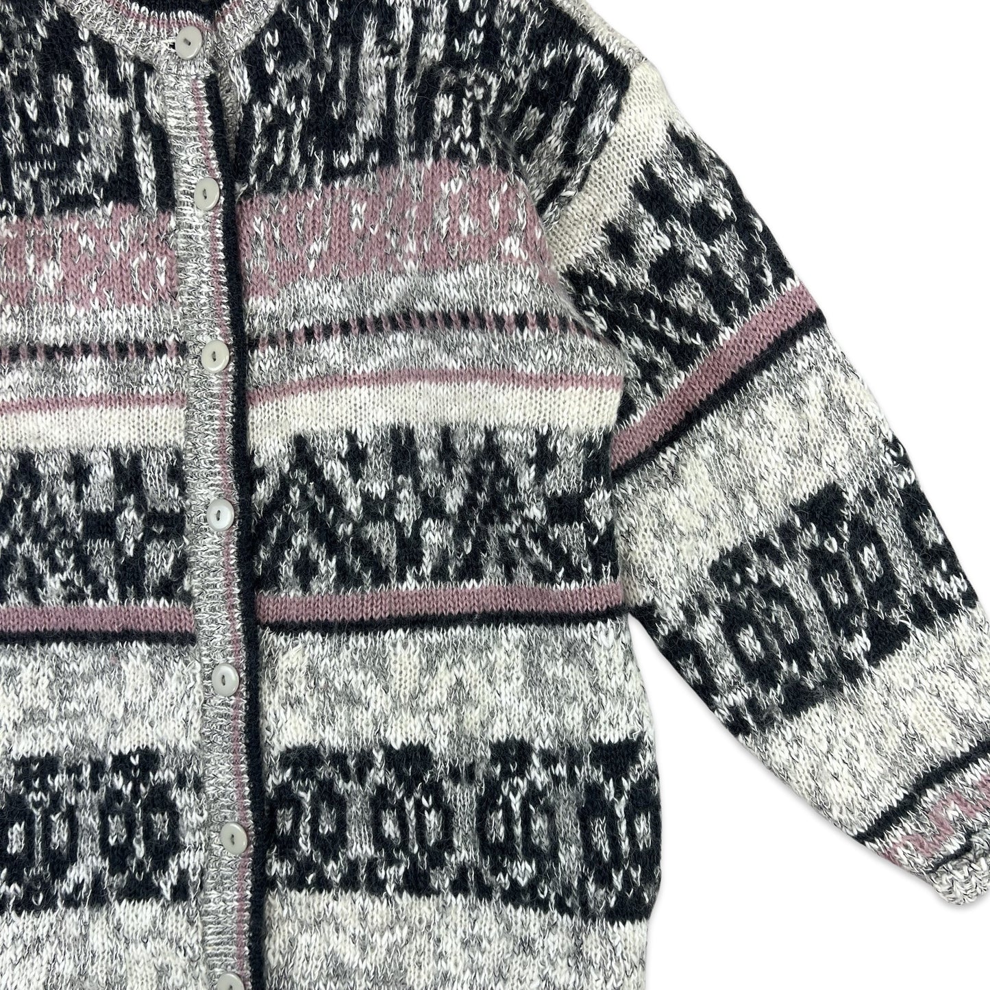 Vintage Mohair Fair Isle Cardigan Grey Pink Black 16 18