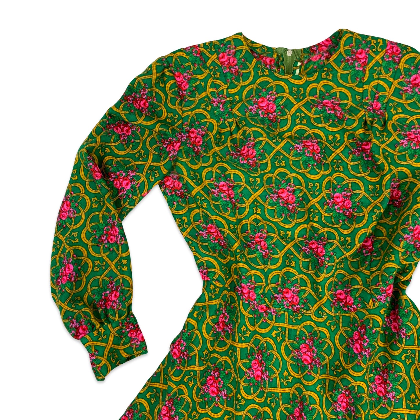 60s 70s Vintage Floral Dress Green Pink Yellow 10 12 14